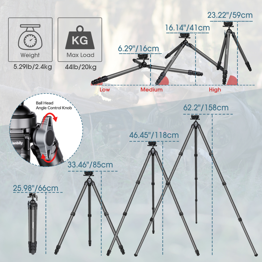 Manbily TS-364U3 Carbon Fiber Hunting Tripod with saddle clamp, 36mm Tube, 44mm Diameter Ball, Max Load 44 lbs/20k