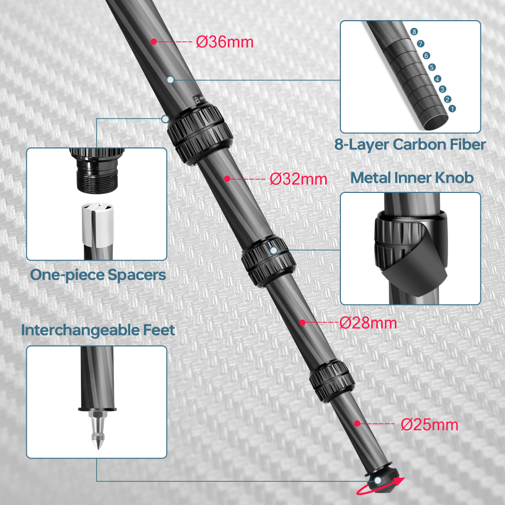 Manbily TS-364U3 Carbon Fiber Hunting Tripod with saddle clamp, 36mm Tube, 44mm Diameter Ball, Max Load 44 lbs/20k