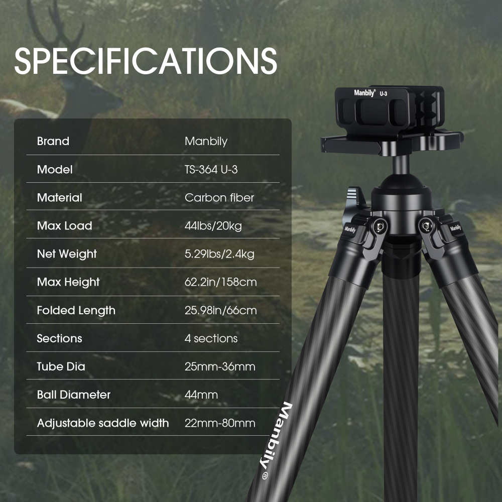 Manbily TS-364U3 Carbon Fiber Hunting Tripod with saddle clamp, 36mm Tube, 44mm Diameter Ball, Max Load 44 lbs/20k