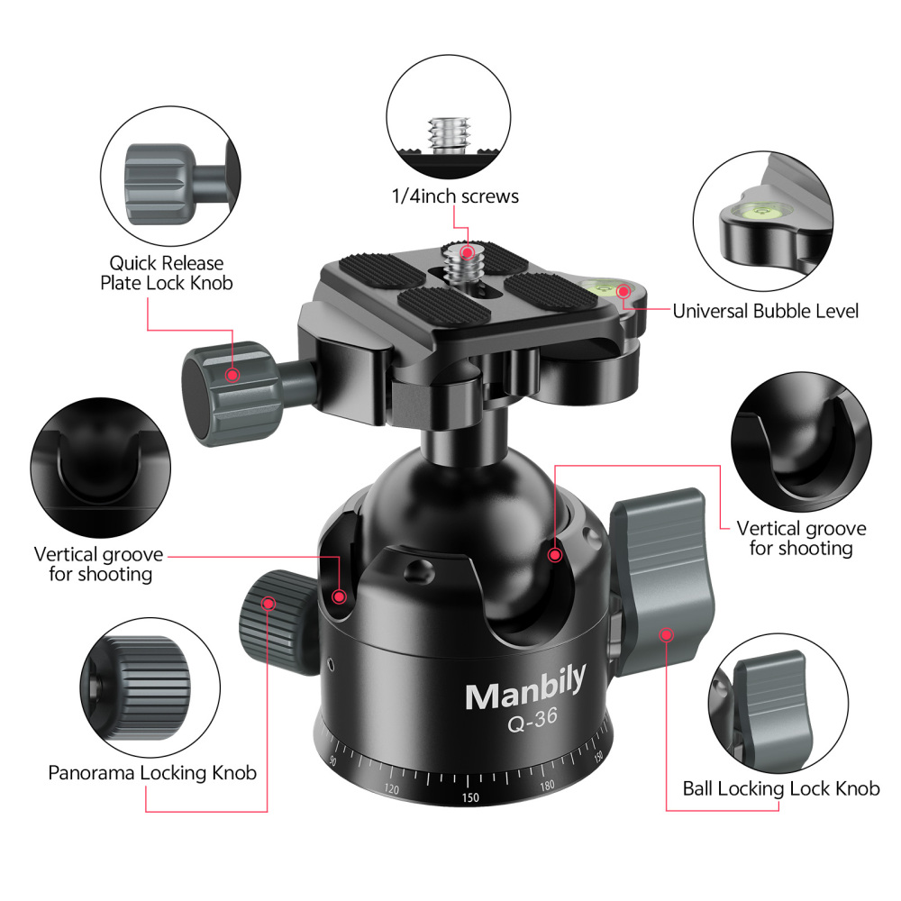 Manbily Q-36 36mm Low Profile Tripod Ball Head with 360° Rotating Mark, 33.07 lbs/15KG  Max Load,