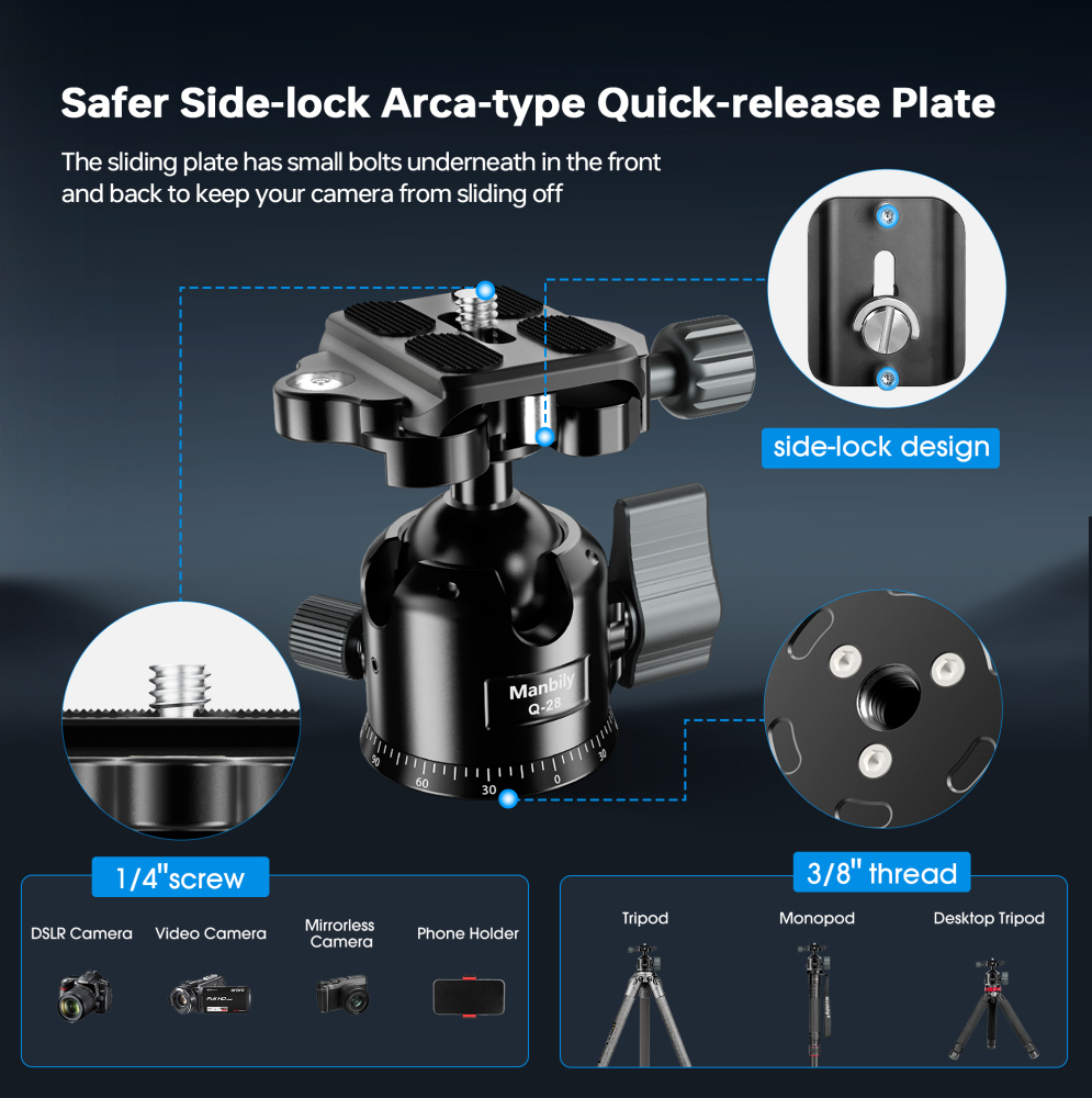 Manbily Q-28 28mm Low Profile Tripod Ball Head with 360° Rotating Mark, CNC Aluminum, 33.07 lbs/15KG  Max Load,
