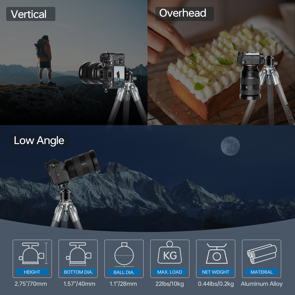 Manbily Q-28 28mm Low Profile Tripod Ball Head with 360° Rotating Mark, CNC Aluminum, 33.07 lbs/15KG  Max Load,