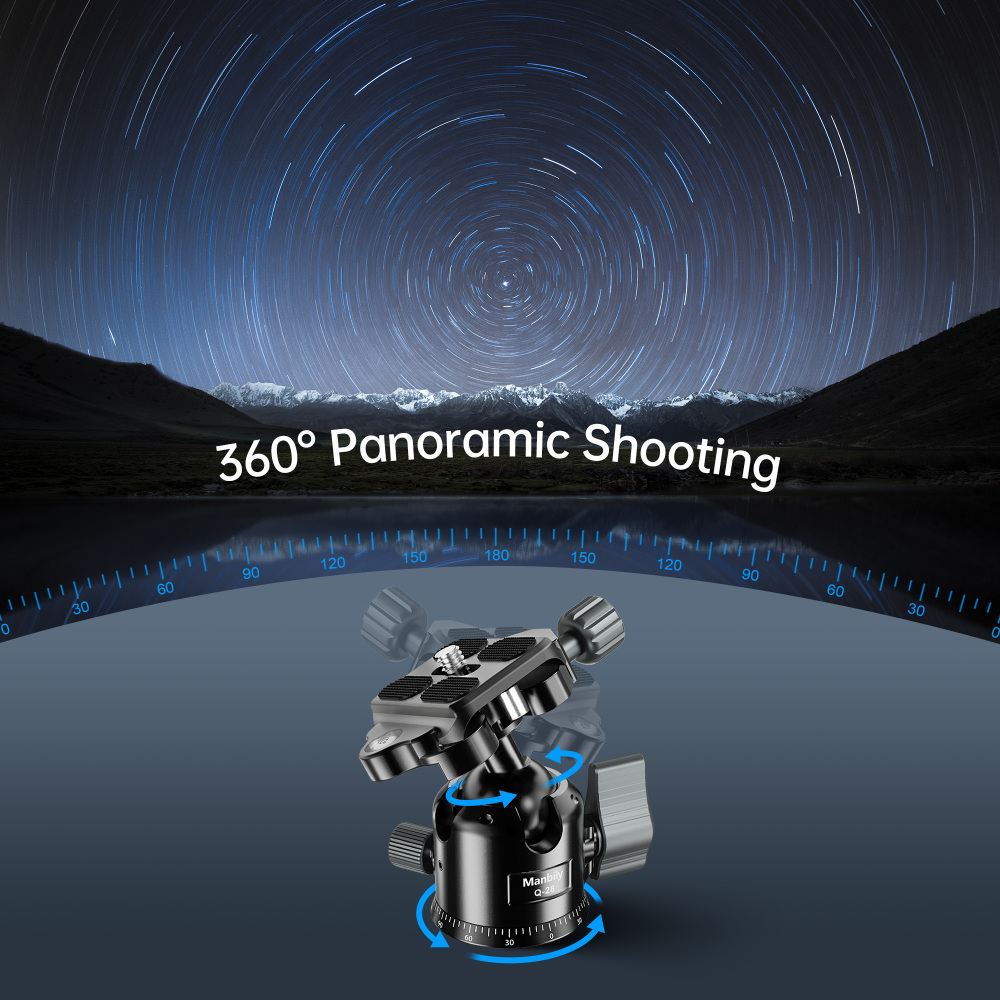Manbily Q-28 28mm Low Profile Tripod Ball Head with 360° Rotating Mark, CNC Aluminum, 33.07 lbs/15KG  Max Load,