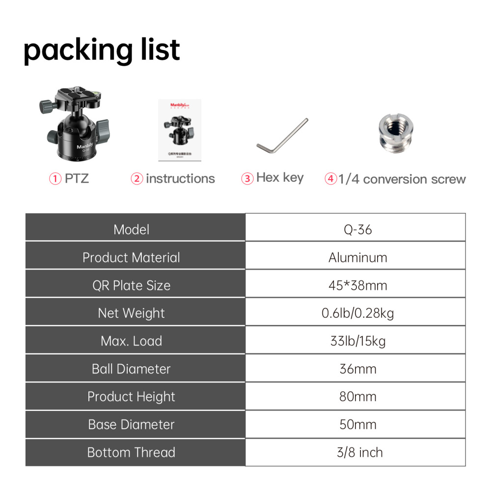 Manbily Q-36 36mm Low Profile Tripod Ball Head with 360° Rotating Mark, 33.07 lbs/15KG  Max Load,