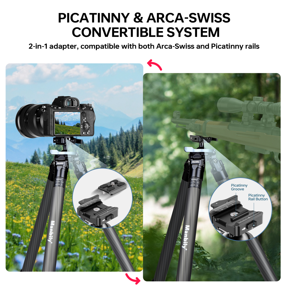 Manbily QM-324PA Carbon Fiber Hunting Tripod, Lever Lock Design, 38mm Integrated Ball Head, 32mm Max Tube, Picatinny to Arca Swiss Adapters, Max Load 44lbs