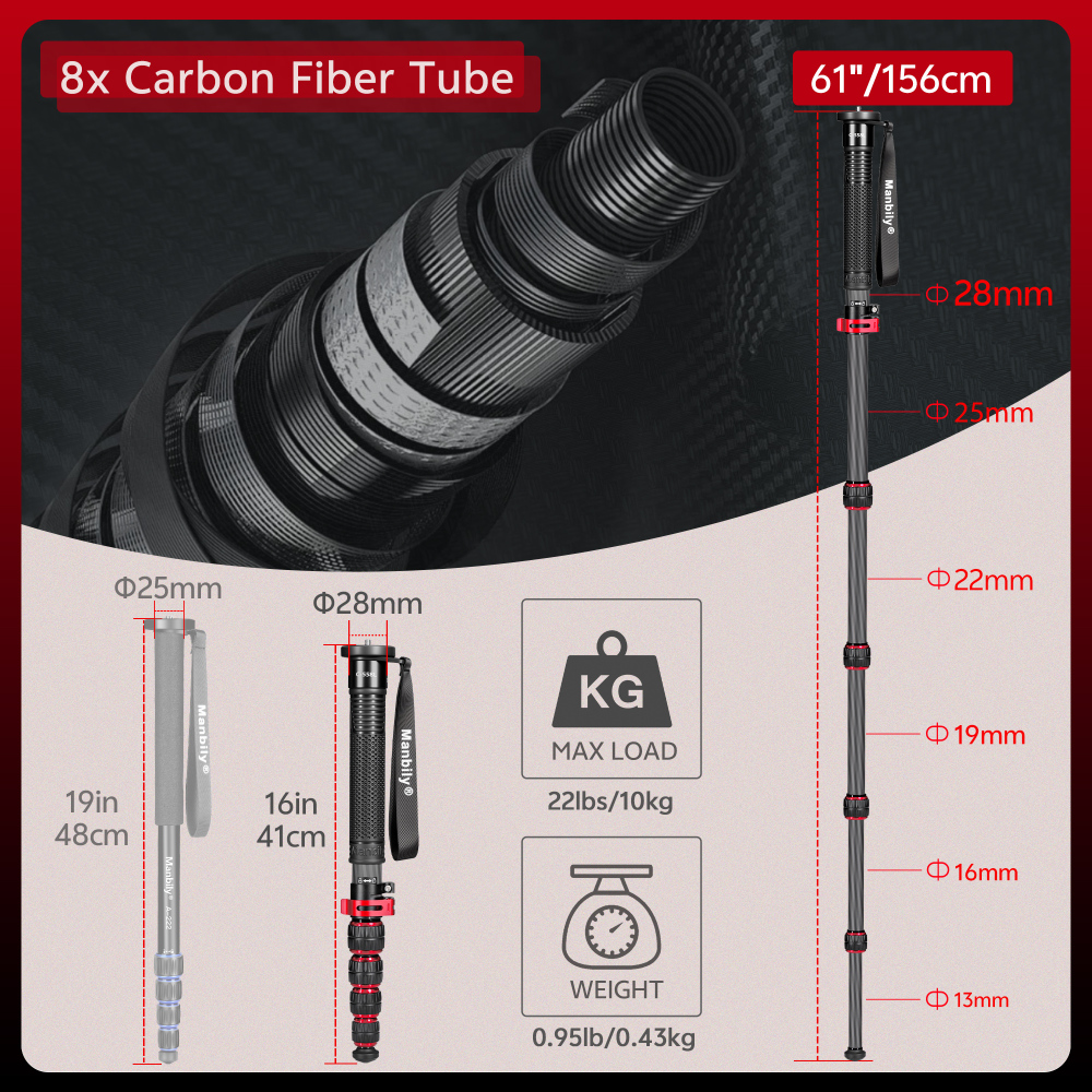 Manbily C-558L Carbon Fiber Lever Lock Monopod, Quick Height Adjustment,16 inch, 28mm Tube, Suitable for use as a hiking pole