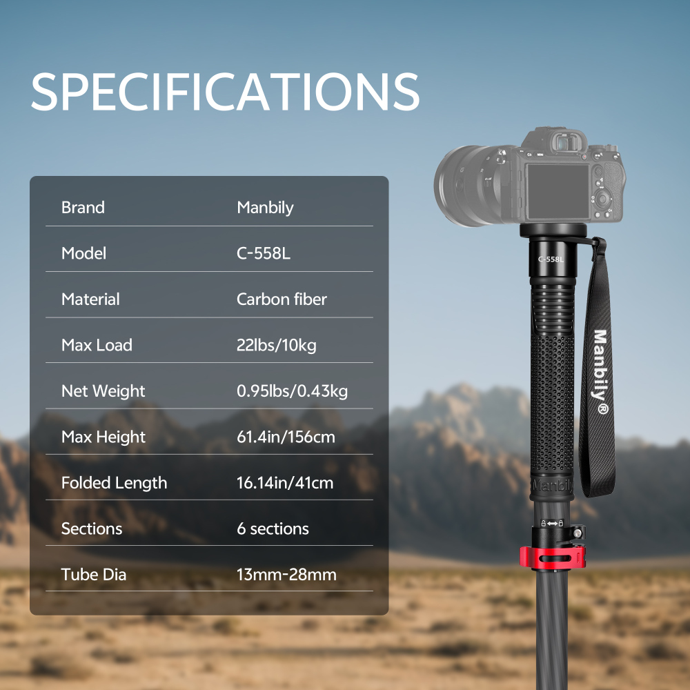 Manbily C-558L Carbon Fiber Lever Lock Monopod, Quick Height Adjustment,16 inch, 28mm Tube, Suitable for use as a hiking pole