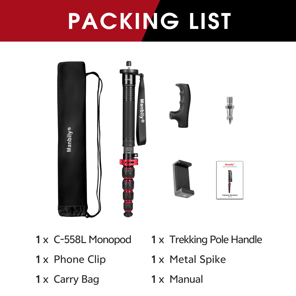 Manbily C-558L Carbon Fiber Lever Lock Monopod, Quick Height Adjustment,16 inch, 28mm Tube, Suitable for use as a hiking pole