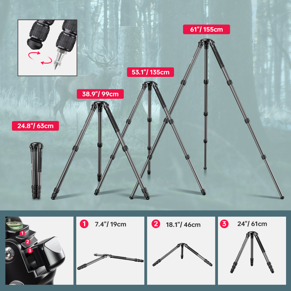 Manbily MT-364C Carbon Fiber Heavy-duty tripod, dual use for hunting & photography, 36mm Max Tube, with 75mm platform, tripod only