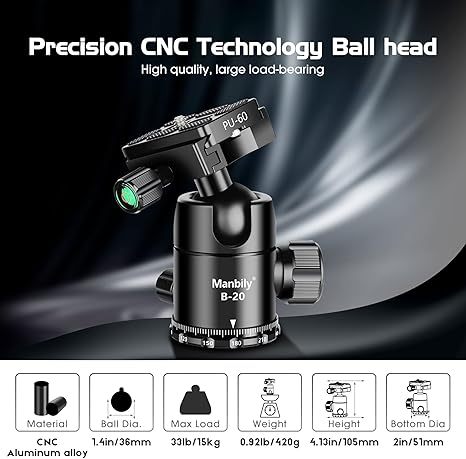 Manbily B-20 Ball Head for Tripod, CNC Metal Aluminum, 360° Panoramic Ball Head for DSLR Camera, Load up to 33lbs/15kg