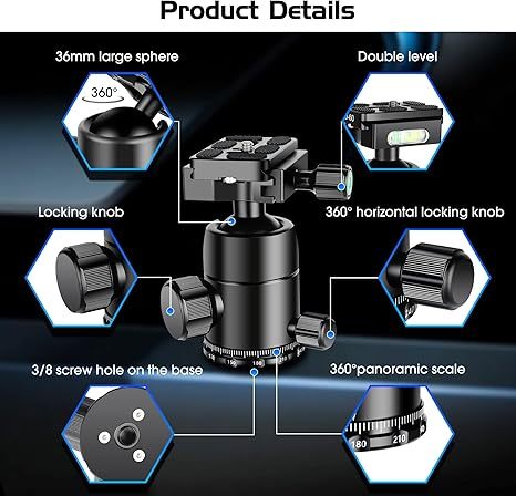Manbily B-20 Ball Head for Tripod, CNC Metal Aluminum, 360° Panoramic Ball Head for DSLR Camera, Load up to 33lbs/15kg