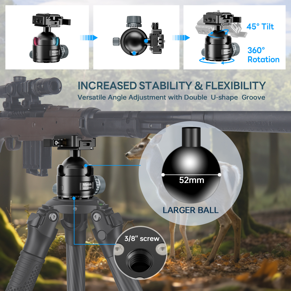 Manbily BH-52PA02 52MM Large Ball Head with Picatinny-Arca Swiss Adapter