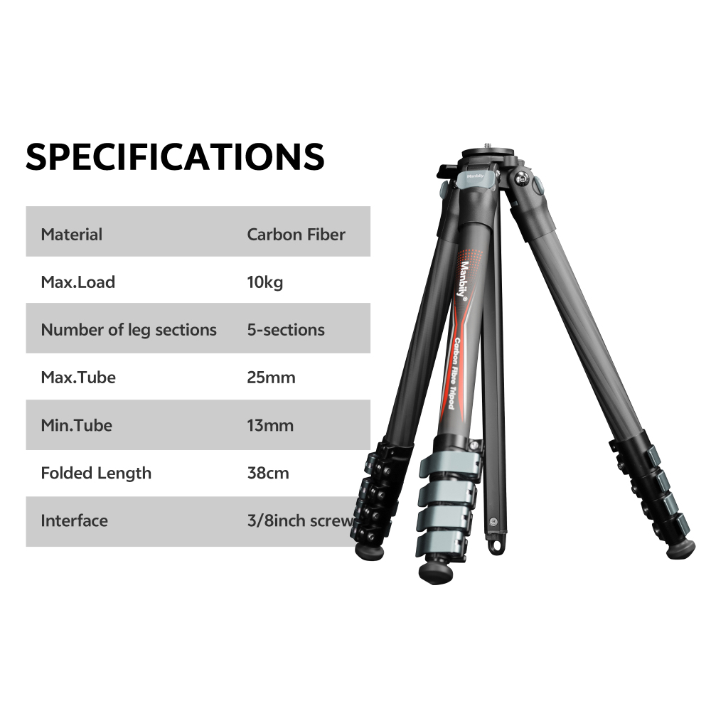 Manbily PH-10 Carbon Fiber Lightweight Portable Tripod without Ballhead, Max.load 10kg/22lbs
