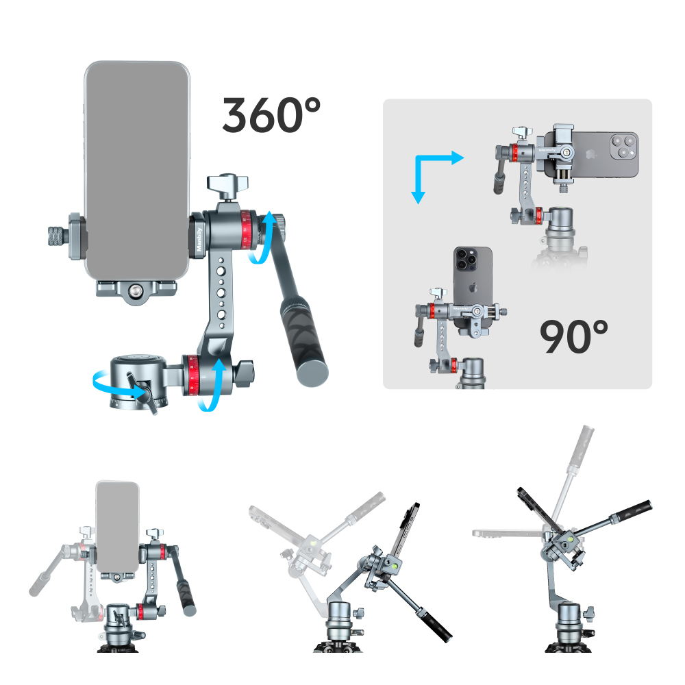 Manbily YJ-002 Phone Gimbal Tripod Head, 360° Rotation Tilt, Aluminum Universal Holder