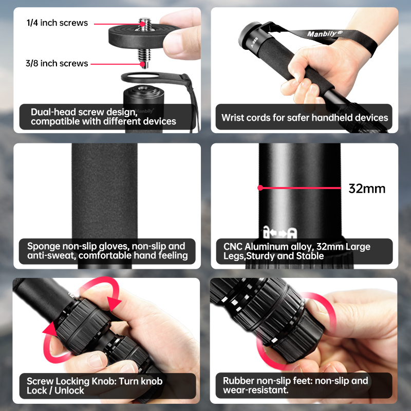 Manbily A-888 Portable Aluminum Monopod, Folded Length 31cm, Maximum Tube Diameter 32mm