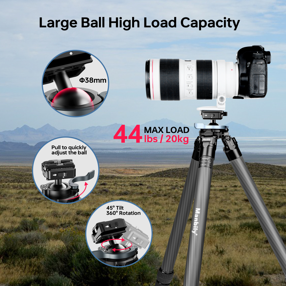Manbily QM-324PA Carbon Fiber Hunting Tripod, Lever Lock Design, 38mm Integrated Ball Head, 32mm Max Tube, Picatinny to Arca Swiss Adapters, Max Load 44lbs