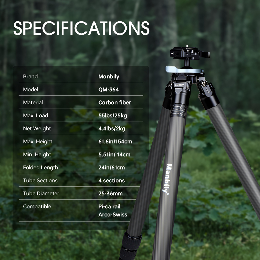 Manbily QM-364PA Carbon Fiber Hunting Tripod, Lever Lock Design, 45mm Integrated Ball Head, 36mm Max Tube, Picatinny to Arca Swiss Adapters, Max Load 44lbs