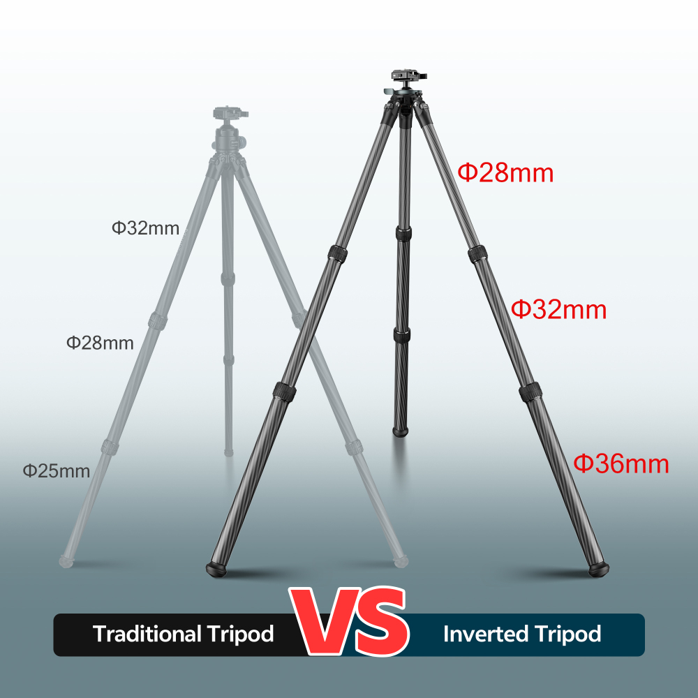 Manbily QM-2836 Carbon Fiber Inverted Hunting Tripod , 36mm Max Tube with 45mm Ball Head & Picatinny to Arca Swiss Adapters