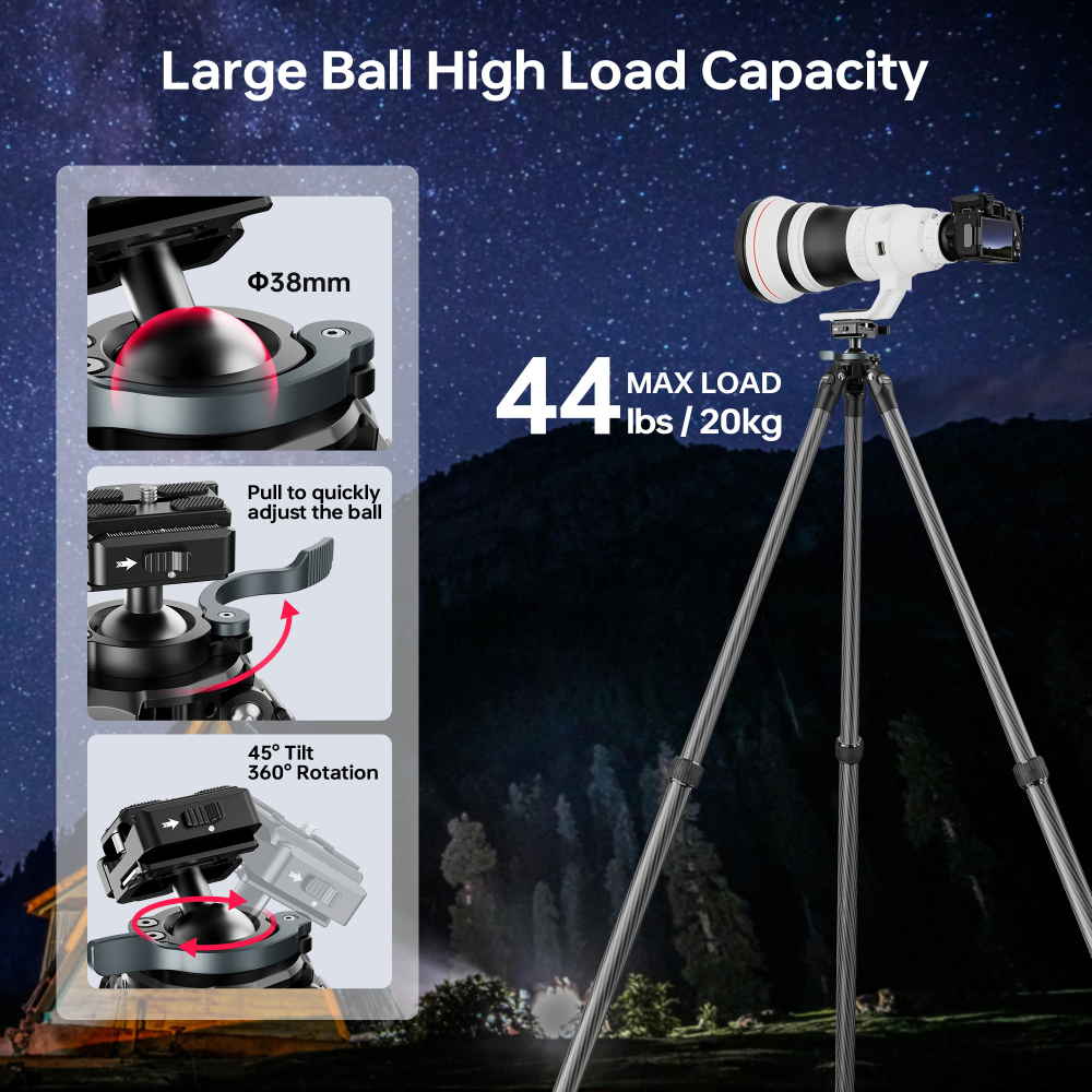 Manbily QM-2832 Carbon Fiber Inverted Hunting Tripod, 32mm Max Tube with 45mm Ball Head & Picatinny to Arca Swiss Adapters, 2 Sections