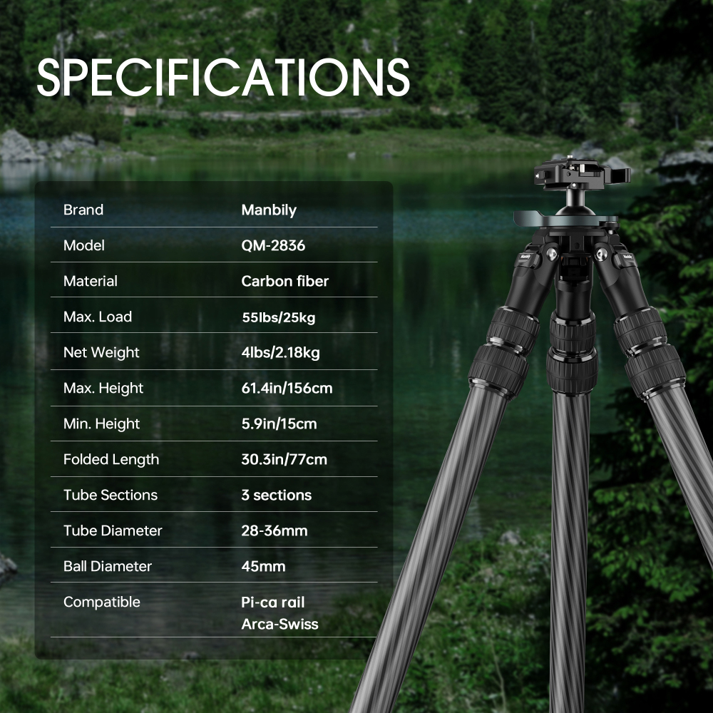 Manbily QM-2836 Carbon Fiber Inverted Hunting Tripod , 36mm Max Tube with 45mm Ball Head & Picatinny to Arca Swiss Adapters
