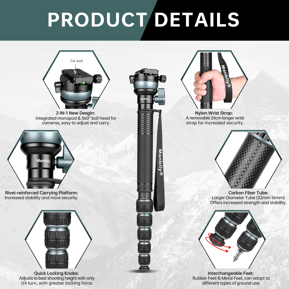 Manbily C-666 PRO Carbon Fiber Monopod with Leveling Bowl Head