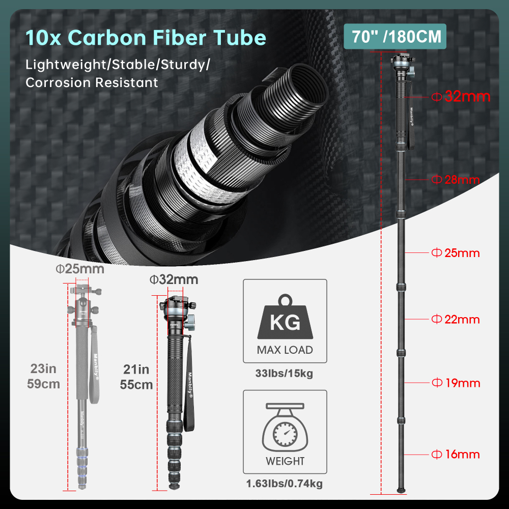 Manbily C-666 PRO Carbon Fiber Monopod with Leveling Bowl Head