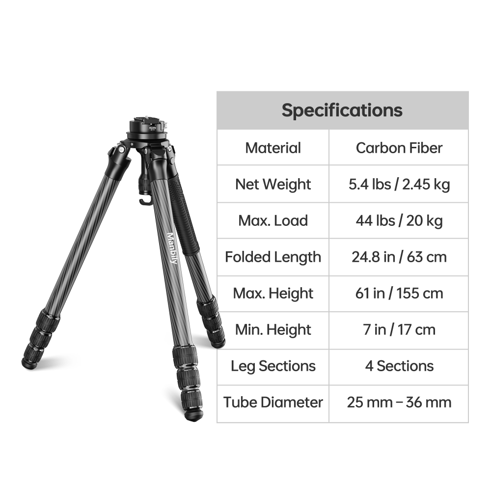 Manbily MT-364+BY-75 Carbon Fiber Heavy Duty Tripod, 36mm Max Tube Diameter with 75mm Platform Bowl Leveling Head