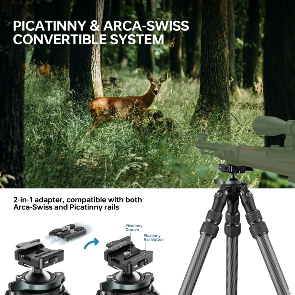 Manbily QM Inverted Carbon Fiber Hunting Tripod, Picatinny / Arca Compatible