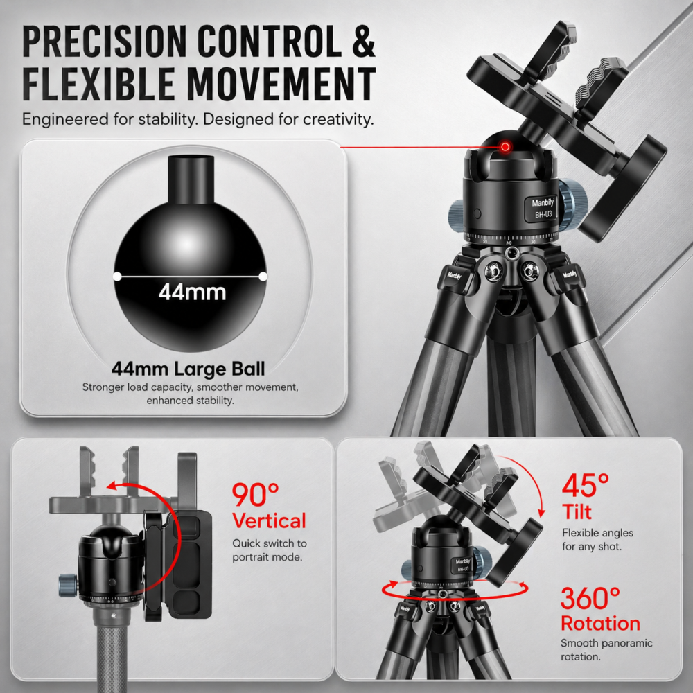 Manbily WZ-324 Carbon Fiber Tripod & BH-U3 Saddle Ball Head Set for Hunting, 32mm Tube, 44mm Diameter Ball, Max. Load 44lbs/20kg(* The Clamp Can't Be Removed)