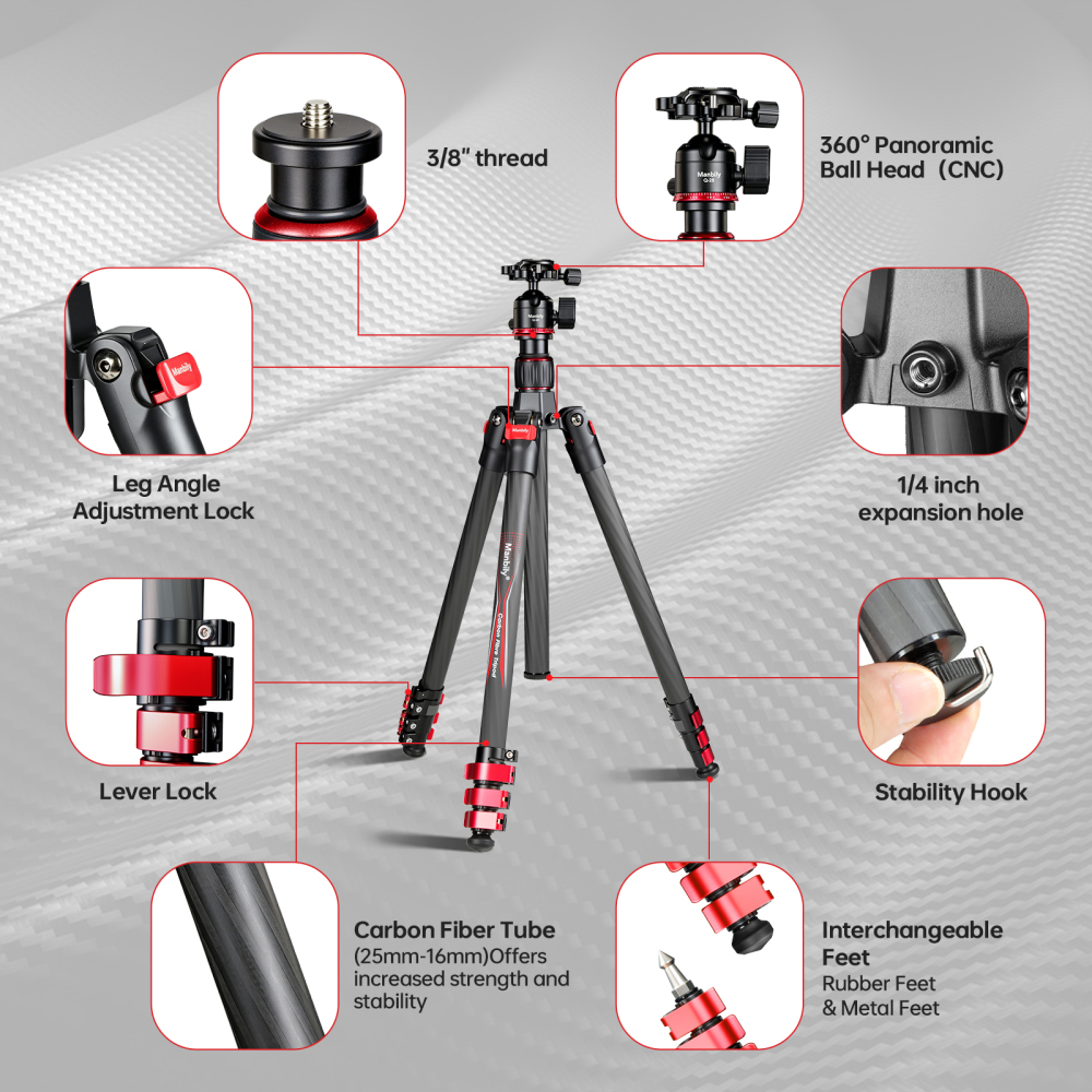 Manbily PH-20 + Q-28 Carbon Fiber Travel Tripod with Ball Head, Lightweight Camera Tripod for DSLR, Mirrorless, Phone Filming & Outdoor Photography
