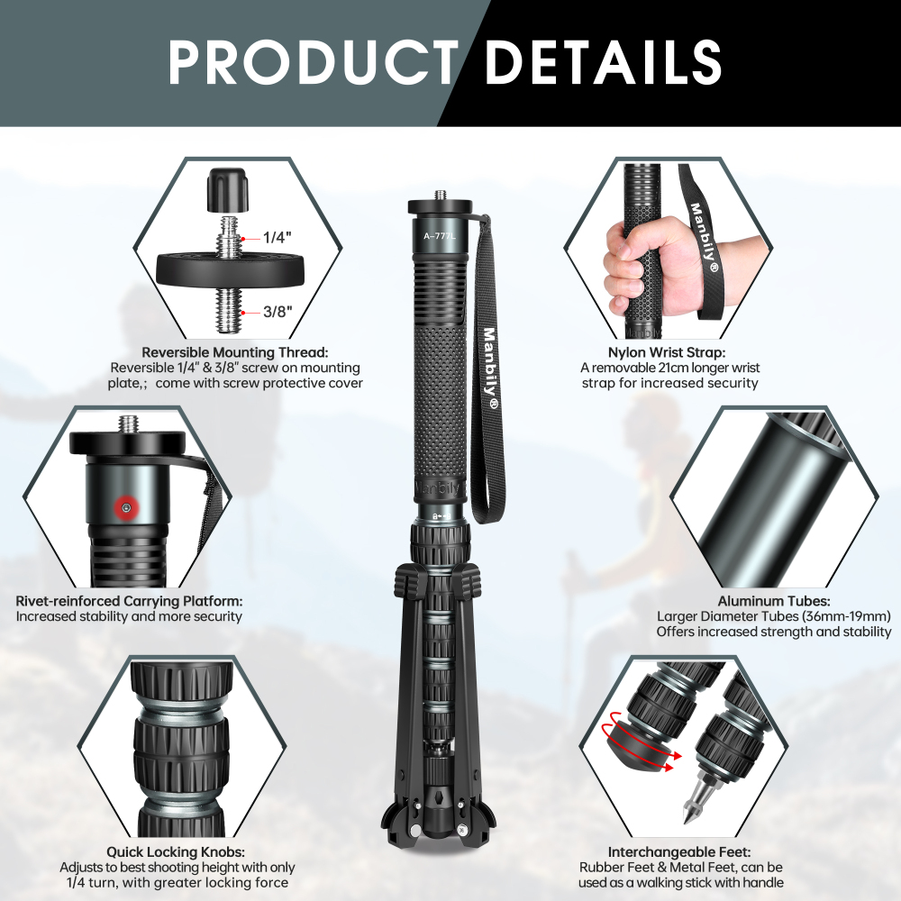 Manbily A-777L + M-5 Camera Monopod with Tripod Base, 70.8in Portable Aluminum Monopod for DSLR, Phone Filming, Live Streaming & Travel