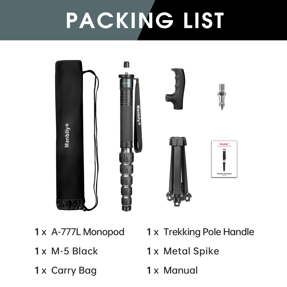 Manbily A-777L + M-5 Camera Monopod with Tripod Base, 70.8in Portable Aluminum Monopod for DSLR, Phone Filming, Live Streaming & Travel