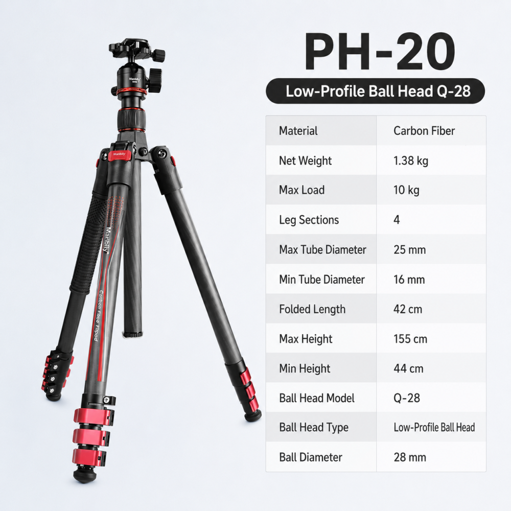 Manbily PH-20 + Q-28 Carbon Fiber Travel Tripod with Ball Head, Lightweight Camera Tripod for DSLR, Mirrorless, Phone Filming & Outdoor Photography