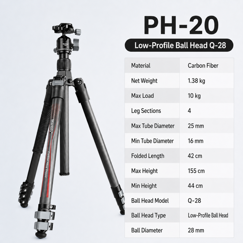 Manbily PH-20 + Q-28 Carbon Fiber Travel Tripod with Ball Head, Lightweight Camera Tripod for DSLR, Mirrorless, Phone Filming & Outdoor Photography
