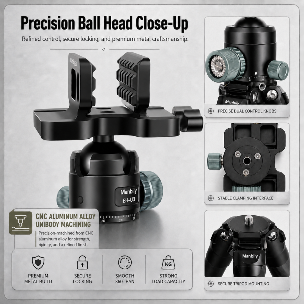 Manbily WZ-324 Carbon Fiber Tripod & BH-U3 Saddle Ball Head Set for Hunting, 32mm Tube, 44mm Diameter Ball, Max. Load 44lbs/20kg(* The Clamp Can't Be Removed)