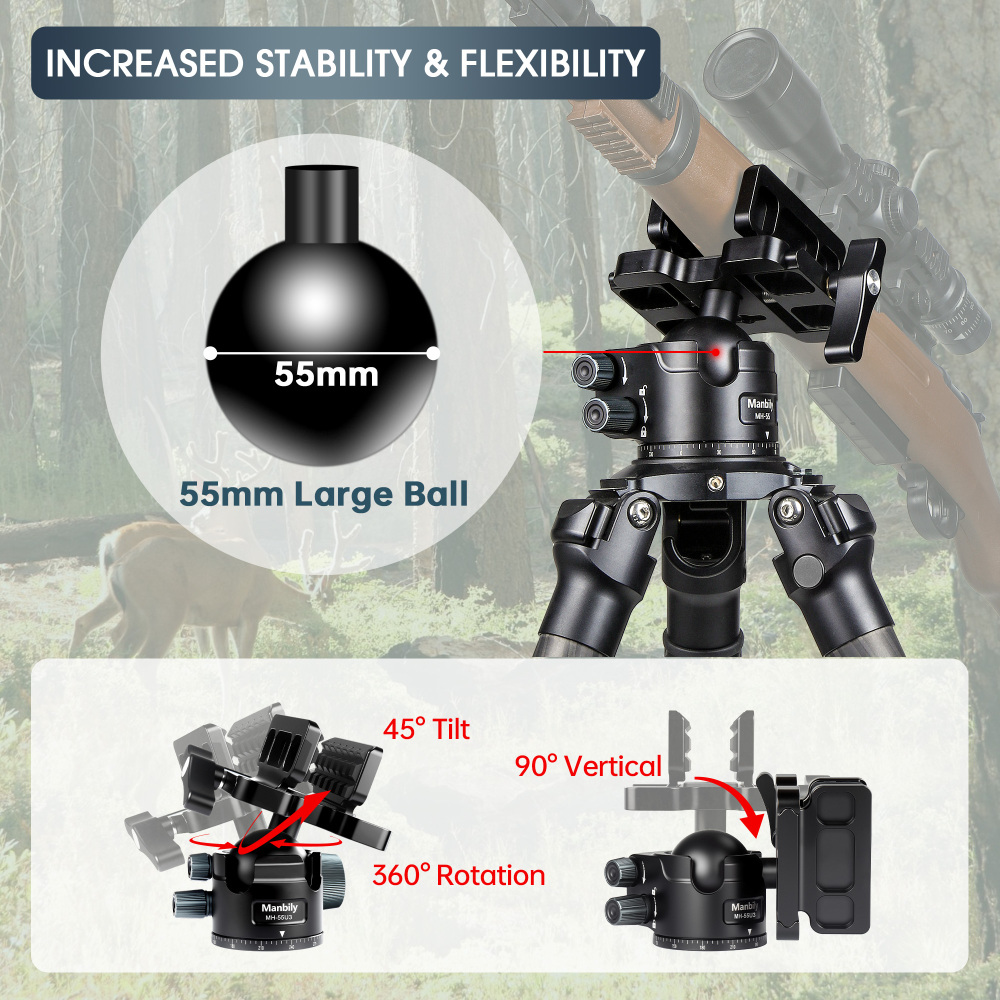 Manbily MH-55U3 55mm Low Profile Ball Head with Shooting Saddle Clamp, 30kg Max Load Capacity