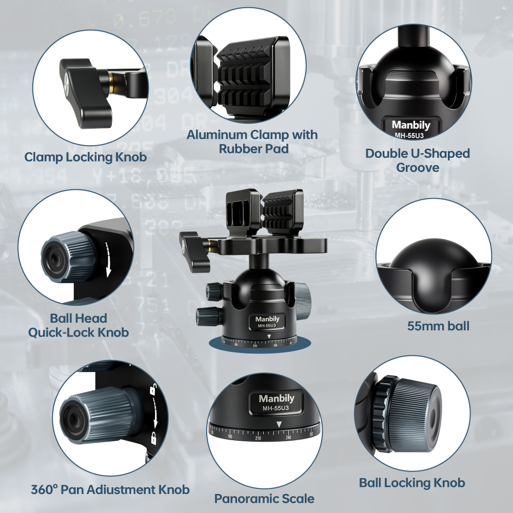 Manbily MH-55U3 55mm Low Profile Ball Head with Shooting Saddle Clamp, 30kg Max Load Capacity