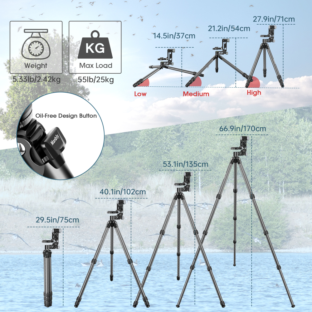 Manbily WZ-324 Carbon Fiber Tripod & GH-3 Gimbal Head Set for Bird Photography, Wildlife Shooting and Telephoto Lens Support