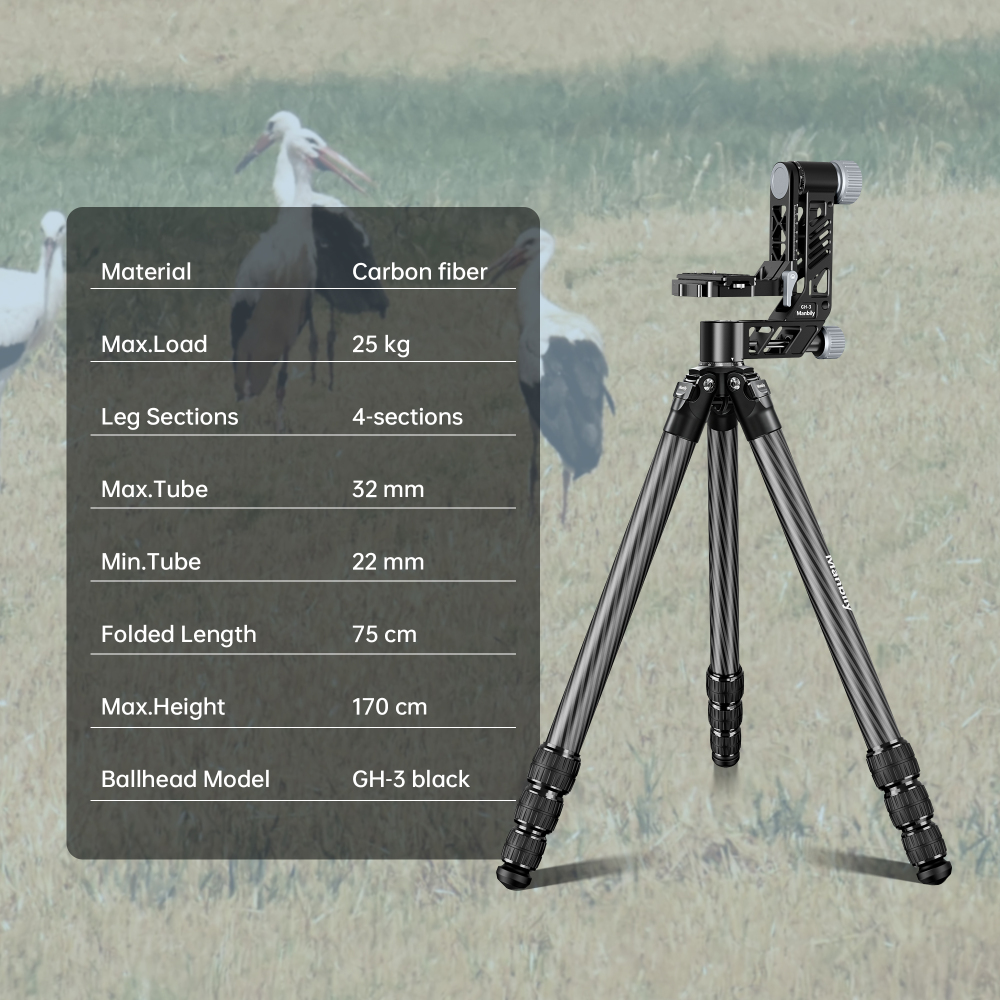 Manbily WZ-324 Carbon Fiber Tripod & GH-3 Gimbal Head Set for Bird Photography, Wildlife Shooting and Telephoto Lens Support