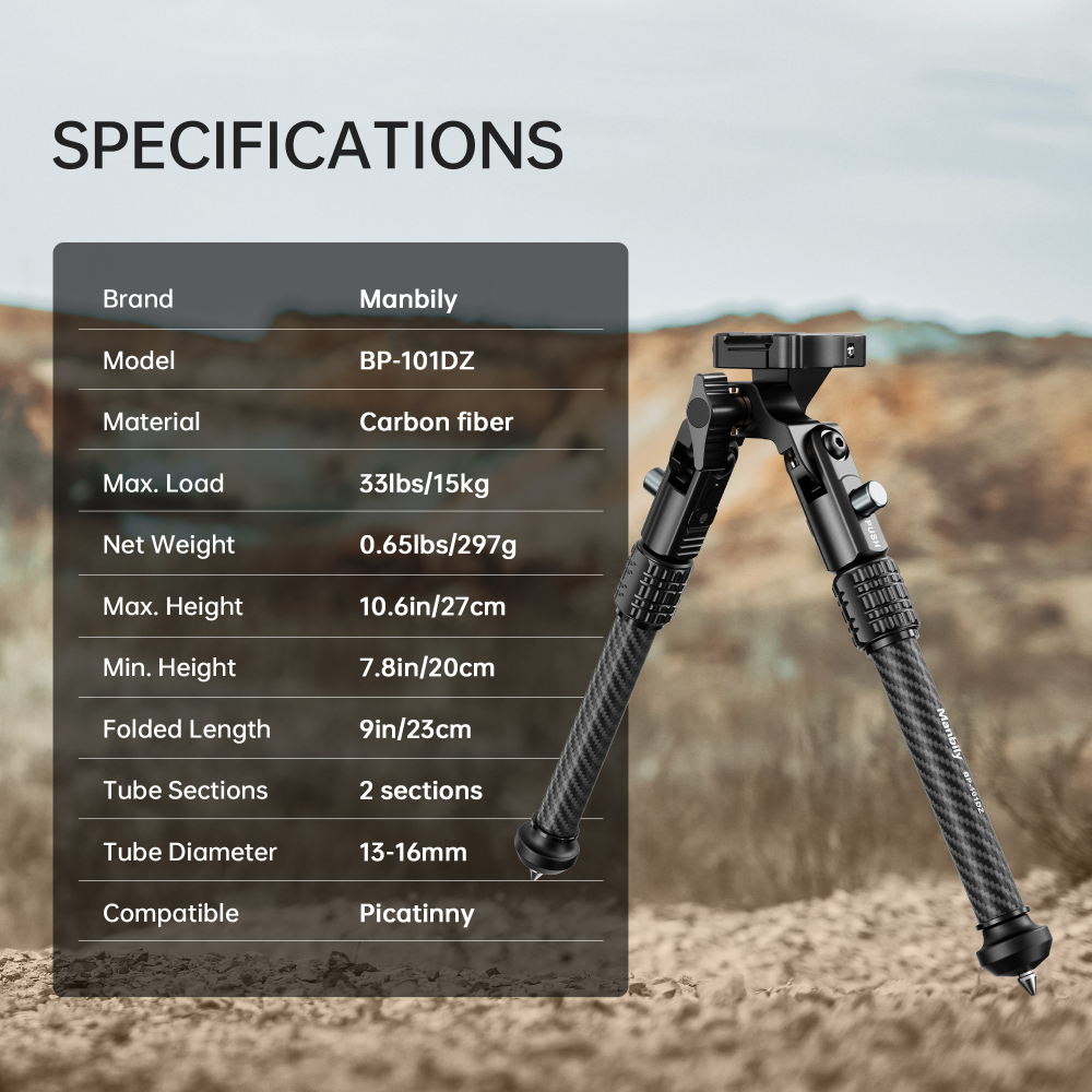 Manbily BP‑101DZ Carbon Fiber Hunting Inverted Bipod, Max. Load 33Lbs/15Kg, Picatinny Adapter, 2 Sections