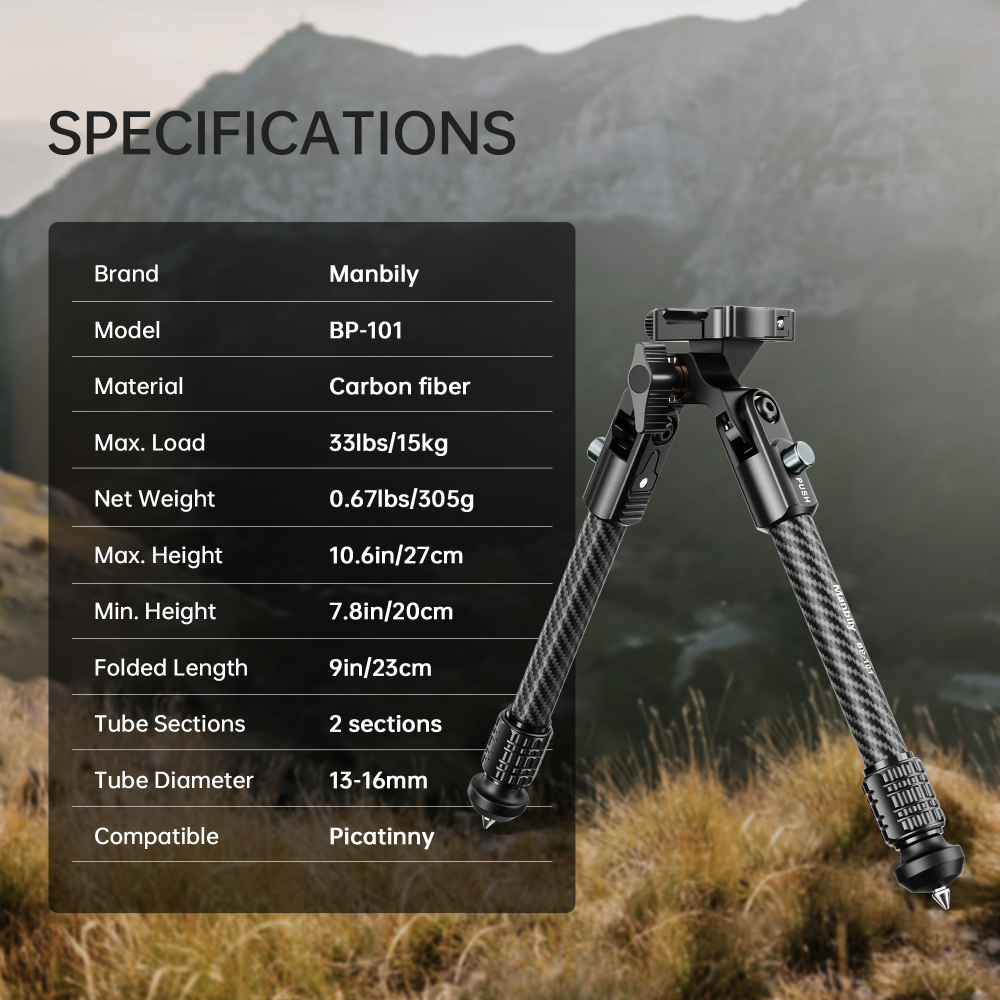 Manbily BP-101 Lightweight Carbon Fiber Hunting Bipod, 15KG/33lbs Heavy Load, 16mm Max Tube