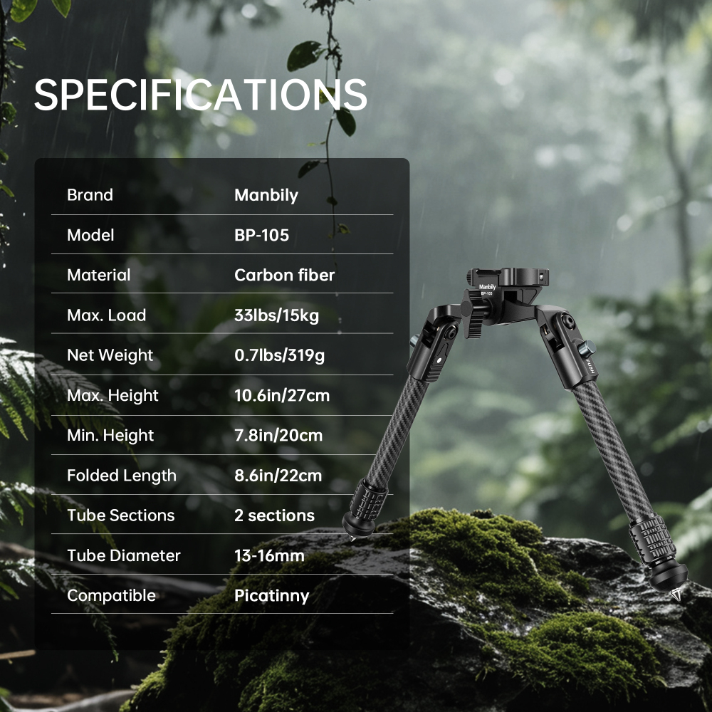 Manbily BP-105 Carbon Fiber Hunting Inverted Bipod,16mm Max Tube with Picatinny Rail,load up to 33lbs/15kg, 2 Sections