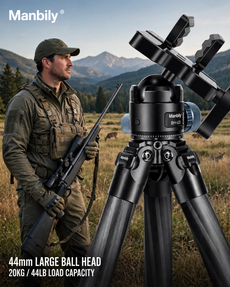 Manbily WZ-324 Carbon Fiber Tripod & BH-U3 Saddle Ball Head Set for Hunting, 32mm Tube, 44mm Diameter Ball, Max. Load 44lbs/20kg(* The Clamp Can't Be Removed)