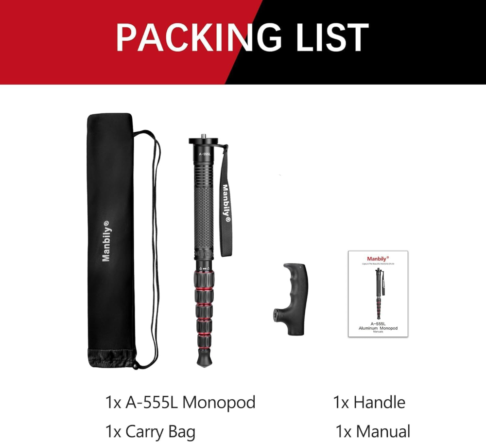 Manbily A-555L Aluminum Alloy Monopods for Cameras, 61inches Camera Monopod, Walking Stick with Handle, Travel Monopod Selfie Stick 6 Sections 15.4lbs for DSLR Video Camcorder Stand