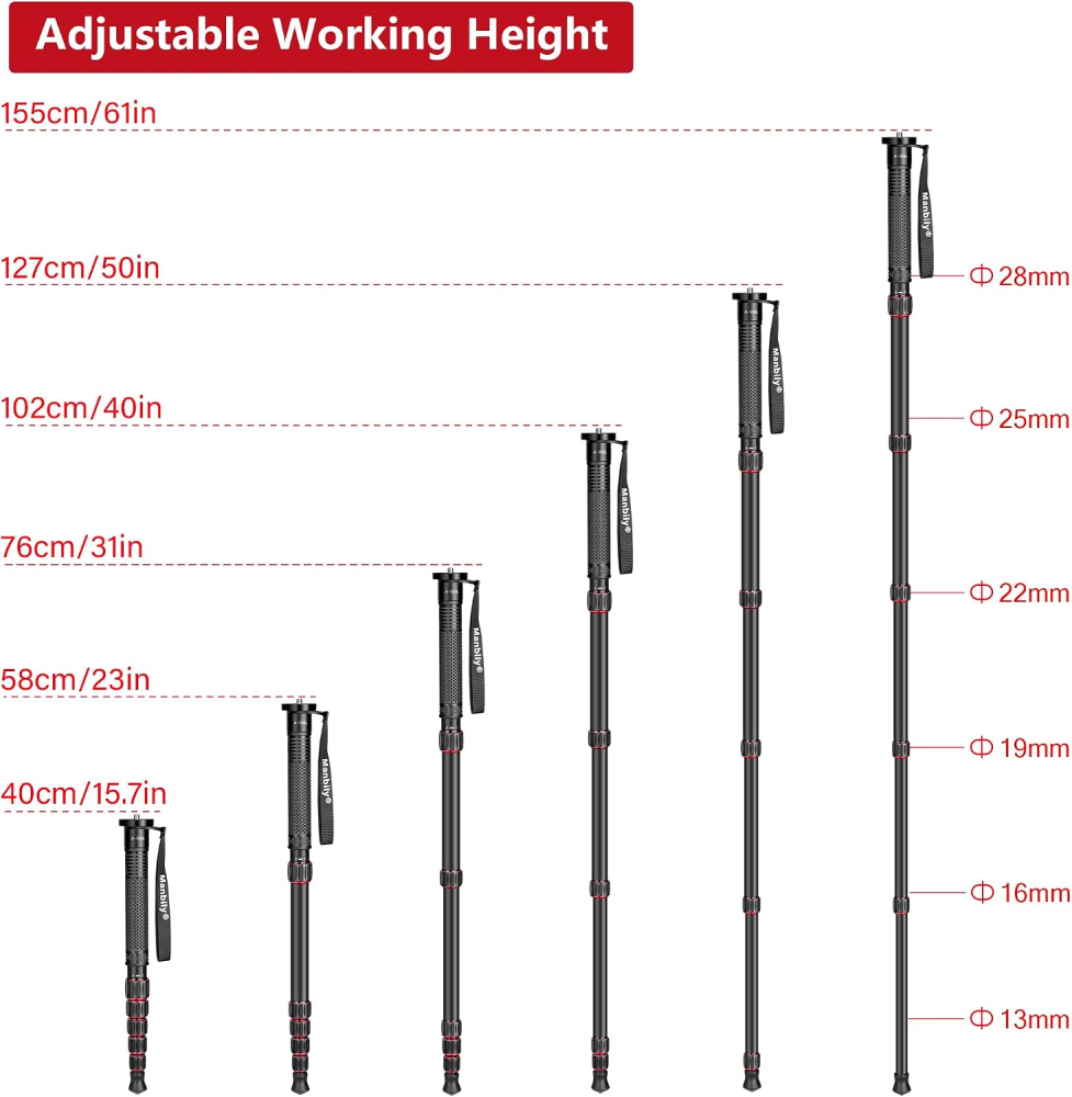 Manbily A-555L Aluminum Alloy Monopods for Cameras, 61inches Camera Monopod, Walking Stick with Handle, Travel Monopod Selfie Stick 6 Sections 15.4lbs for DSLR Video Camcorder Stand
