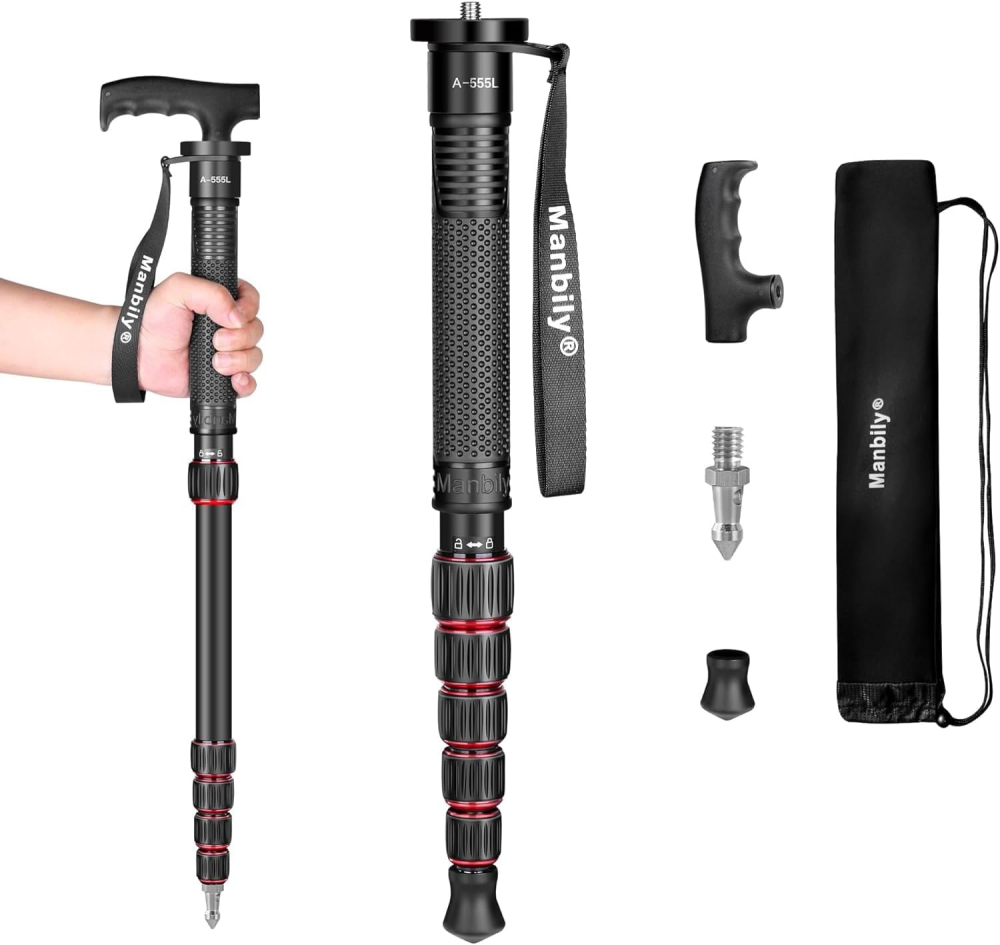 Manbily A-555L Aluminum Alloy Monopods for Cameras, 61inches Camera Monopod, Walking Stick with Handle, Travel Monopod Selfie Stick 6 Sections 15.4lbs for DSLR Video Camcorder Stand