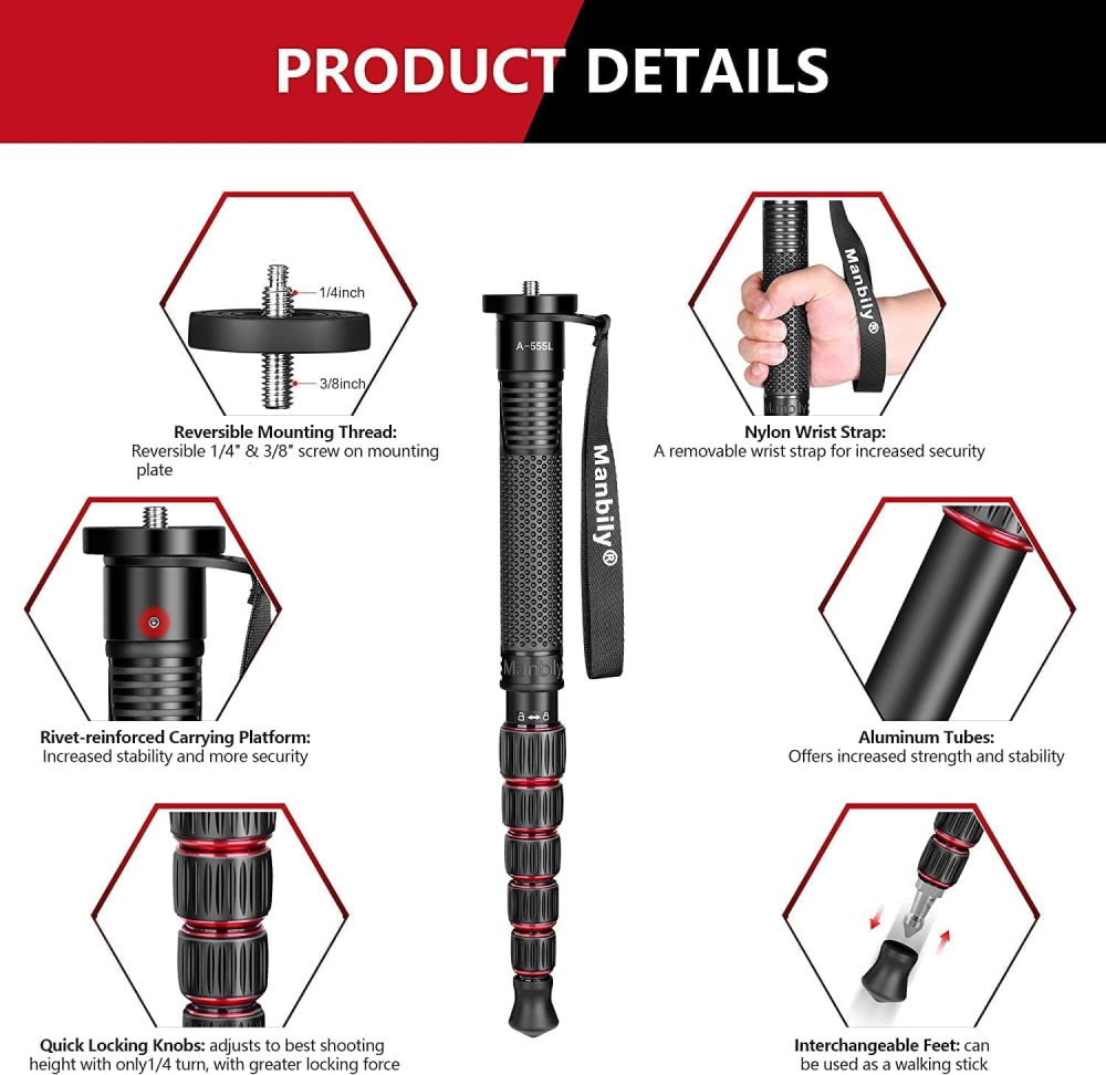 Manbily A-555L Aluminum Alloy Monopods for Cameras, 61inches Camera Monopod, Walking Stick with Handle, Travel Monopod Selfie Stick 6 Sections 15.4lbs for DSLR Video Camcorder Stand