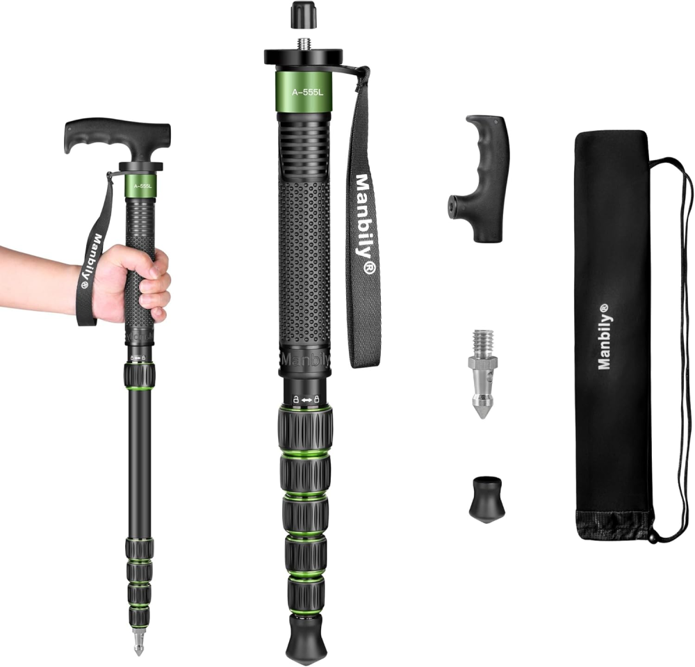 Manbily A-555L Aluminum Alloy Monopods for Cameras, 61inches Camera Monopod, Walking Stick with Handle, Travel Monopod Selfie Stick 6 Sections 15.4lbs for DSLR Video Camcorder Stand