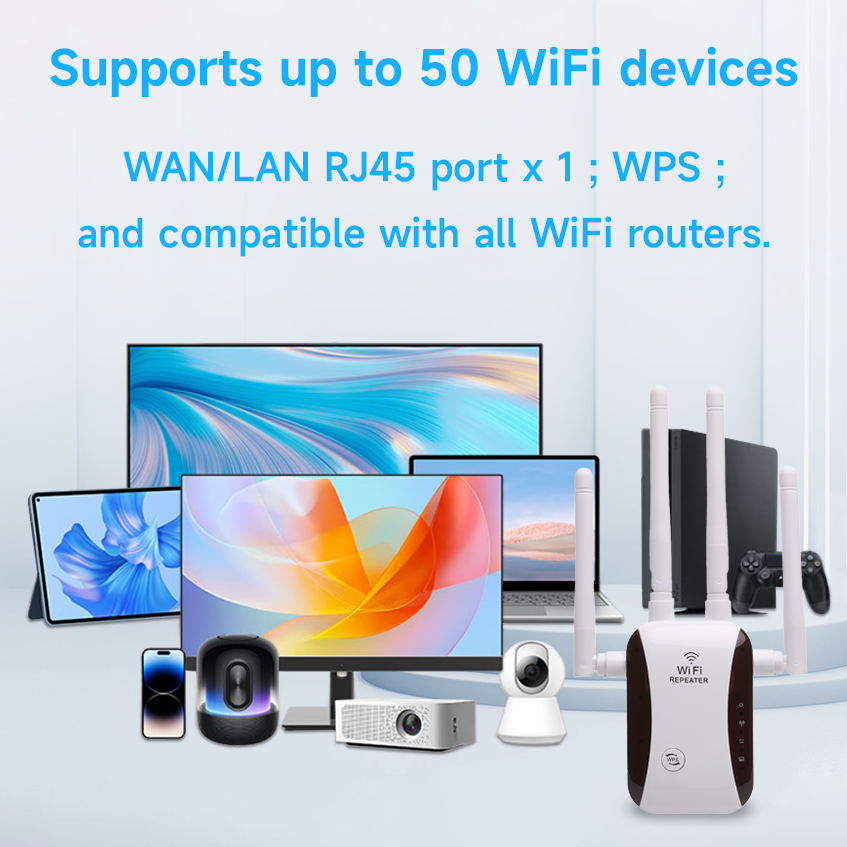 WiFi Extender WiFi Repeater Signal Booster for House Up to 5000 sq.ft and 40 Devices, External WiFi Antenna x 4, RJ45 Port x 1, WPS, WiFi Range Extender, WiFi Amplifier, Easy one Key Setup