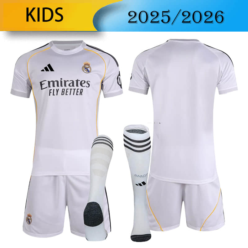 KIDS Real Madrid home 2025/2026 shirt+shorts+sock kit Football team shirt Jersey
